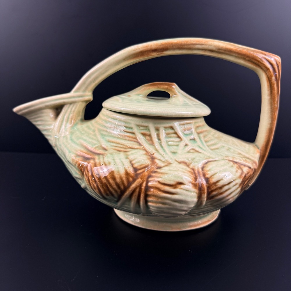 McCoy Pottery Pine Cone Teapot Green Brown Art Pottery 1940s